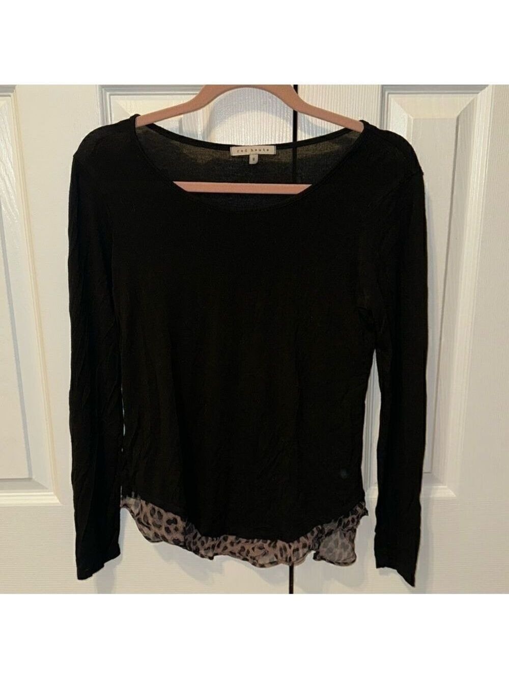 Red Haute Black Linen Leopard Print Sheer Top
